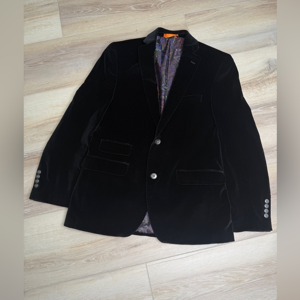 TALLIA Black Velvet Blazer Men’s 40R Black| Paisley Lining Formal Jacket